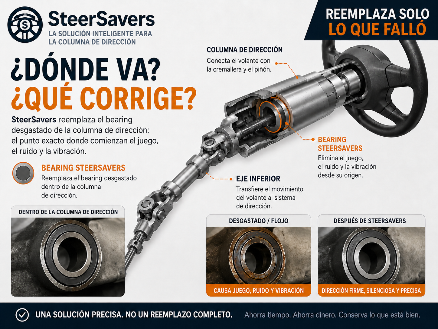 Diagrama de SteerSavers en español que muestra dónde va el bearing dentro de la columna del guía, qué corrige y la comparación antes y después.
